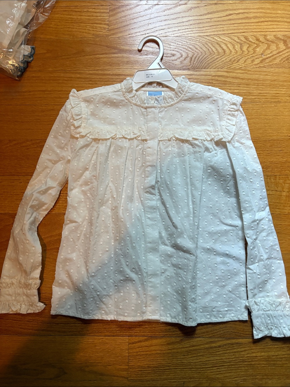 bella bliss White Swiss Dot Ruffle Long-Sleeve Blouse